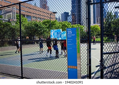 New York, NY, USA - March 21, 2021: Pier 25 Basketball Court In Lower Manhattan Along The Hudson River Across From Borough Of Manhattan Community College