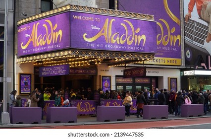                           New York, NY, USA - March 26, 2022: Sunday Matinee Audience Queuing Outside The New Amsterdam Theater On 42nd Street To See The Hit Broadway Musical Aladdin.  