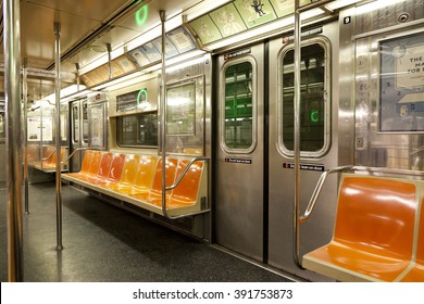 New York, NY, USA - March 15, 2016: Inside Of Subway Wagon: Colorful Seats And Inside Of Empty Car: The NYC Subway Is One Of The Oldest And Most Extensive Public Transportation Systems In The World.