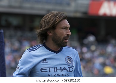 New York, NY USA - March 12, 2017: Andrea Pirlo (21) Of NYCFC Hits Corner During MLS Game Against DC United On Yankee Stadium