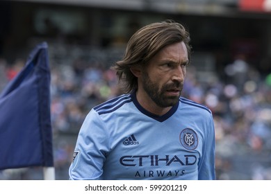 New York, NY USA - March 12, 2017: Andrea Pirlo (21) Of NYCFC Hits Corner During MLS Game Against DC United On Yankee Stadium