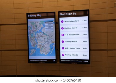 New York, NY, USA - May 17, 2019: New York Subway Map And Real Time Departure Information At 34th Street Hudson Yards Station