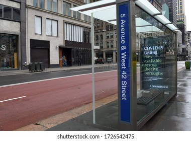 New York, NY / USA - May 1 2020: Empty New York Bus Stop During Covid-19 Pandemic Lockdown