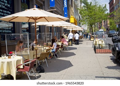 New York, NY, USA - May 1, 2021: Outdoor Dining On The Sidewalk Along West Broadway In SOHO