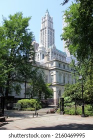 New York, NY, USA - May 21, 2022: Woolworth Building, View From The City Hall Park Greenway