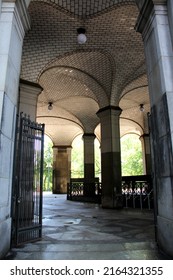New York, NY, USA - May 21, 2022: South arcade of the Manhattan Municipal Building with Guastavino tile ceiling, the arcade serves as the Chambers St. Subway entrance