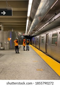 New York, NY/ USA - November 15, 2020: Cleaning Crew In New York City Subway During The COVID-19 Surge