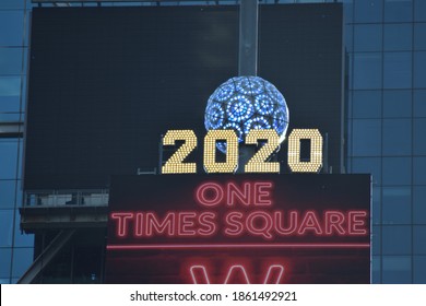 New York, NY USA - November 19, 2020: Top of One Times Square in Midtown Manhattan as 2020 Ball and Lights Remain Illuminated