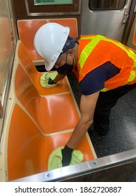 New York, NY USA - November 15, 2020: Cleaning Crew In New York City Subway During The COVID-19 Surge