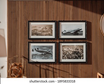 NEW YORK, NY, USA - November 23, 2020. Wall Pictures Of TWA Airplanes Hanging On The Wooden Wall At The TWA Hotel (TWA Flight Center) In The JFK Airport.