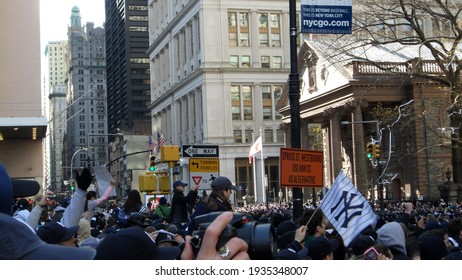 New York, NY USA  USA- November 6th, 2009: New York Yankees 2009 Ticker-Tape Parade In Lower Manhattan Celebrating Its 27th World Series Victory Against The Philadelphia Phillies.