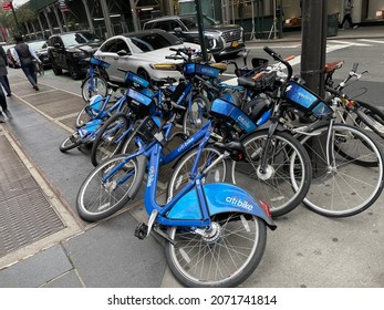 New York, NY USA - November 1, 2021: New York City, Citi Bikes Stacked In Pile On Manhattan Street Corner