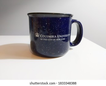 New York, NY / USA - Oct. 14, 2020: Navy Blue Mug With White Speckles Contains Logo Reading Columbia University In The City Of New York