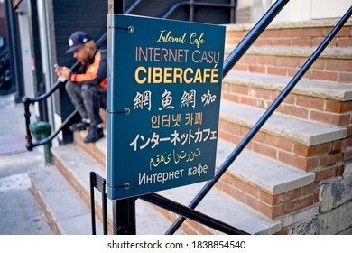 New York, NY, USA - Oct 22, 2020: Multi-language Internet Café Sign On St Marks Place In The East Village 