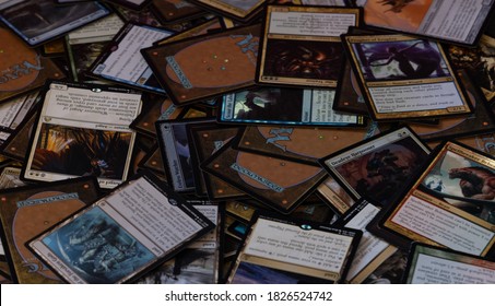 New York, NY / USA - October 3 2020: Pile Of Magic The Gathering (MTG) Trading Cards