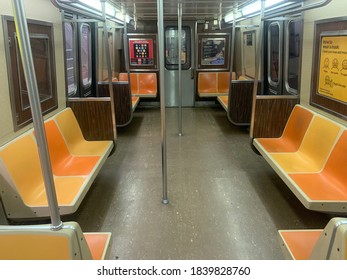 New York, NY / USA - October 20, 2020: Empty Seats On NYC Subway Car During Covid-19 Pandemic Of 2020