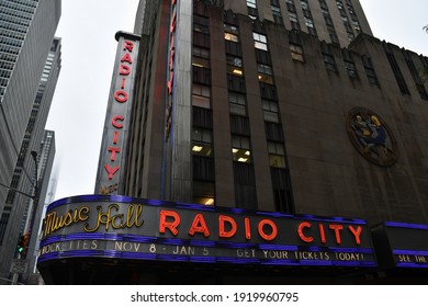 New York, NY, USA - October 22, 2019: Radio City Music Hall With Marquee Sign Showing 2019-20 Rockettes Dates.