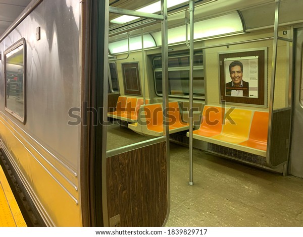 New York, NY / USA -\
October 20, 2020: Empty Seats on NYC Subway Car During Covid-19\
Pandemic of 2020