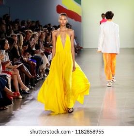 New York, NY, USA - September 7, 2018: A model walks runway to present MILLY by Michelle Smith Spring/Summer 2019 collection during New York Fashion  Week at Spring Studios, Manhattan