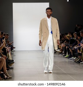 New York, NY, USA - September 6, 2019: A model walks runway for Carlos Campos Spring/Summer 2020 men’s collection during New York Fashion Week at Spring Studios, Manhattan