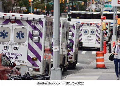 New York , NY/ USA - September 17, 2020: Ambulances Parked Outside NYU Langone Hospital During COVID-19 Pandemic of 2020