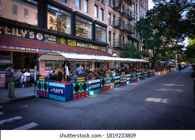 New York, NY / USA - September 19 2020: Busy Outdoor Restaurant In East Village, Manhattan. Covid Outdoor Dining