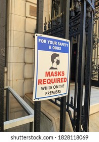 New York, NY/ USA - September 30, 2020: New York City Building Entrance in Upper Manhattan with Mask Required Sign
