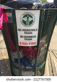 New York, NY USA - September 5, 2018 : A New York City Department Of Sanitation Trash Can Filled With Garbage