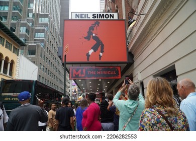 New York, NY, USA - September 17, 2022: Saturday Matinee Audience Queuing Outside The Neil Simon Theatre On West 52nd Street To See The Hit Broadway Musical MJ The Musical.