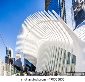 New York, NY, USA - SEPTEMBER 9, 2016:  World Trade Center Transportation Hub: World Trade Center Transportation Hub is the a large transit station for PATH rail service and retail complex.