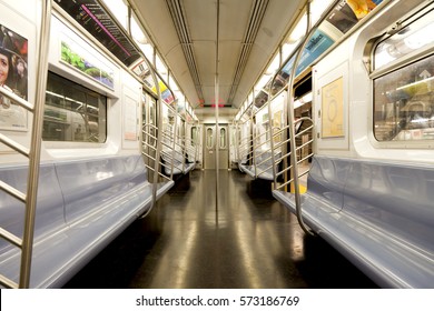 New York, NY, USA - September 6, 2016: Inside Of New York Subway: Seats And Inside Of Empty Car: The NYC Subway Is One Of The Oldest And Most Extensive Public Transportation Systems In The World.