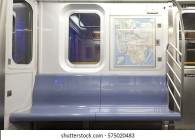 New York, NY, USA - September 6, 2016: Inside Of New York Subway: Seats And Inside Of Empty Car: The NYC Subway Is One Of The Oldest And Most Extensive Public Transportation Systems In The World.