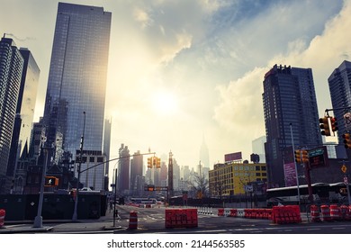 New York, NY, USA , Tall Buildings With Empire State In Distance With Haze In Sky , 11,3,2022