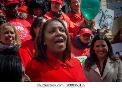 New York NY USA-April 2, 2019 New York Attorney General Leticia James joins activists, community leaders, union members and other politicians on the steps of City Hall to rally against pay disparity