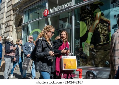 New York NY USA-April 2, 2022 Shoppers In Soho In New York Pass The Lululemon Store