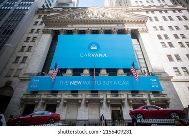 New York NY USA-April 28, 2017 The New York Stock Exchange is decorated for the initial public offering of the car vending machine company Carvana The Texas-based company sells used cars online
