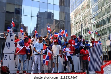 New York, NY, USA-August 14, 2022 People On Board A Float During The Dominican Day Parade 