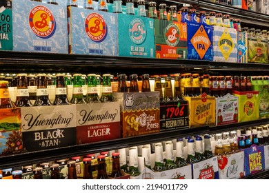 New York NY USA-August 24, 2022 A Selection Of Six-packs Of Beer In A Grocery Store In New York