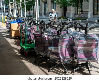 New York NY USA-August 7, 2021 Office Furniture Wrapped And Waiting For The Moving Truck In The Gramercy Park Neighborhood In New York