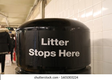 New York, NY USA-December 28, 2019 A Trash Can On A Subway Platform In New York City  