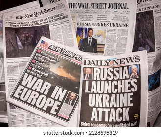 New York NY USA-February 24, 2022 New York newspapers report on the previous nights invasion of Ukraine by Russian military forces