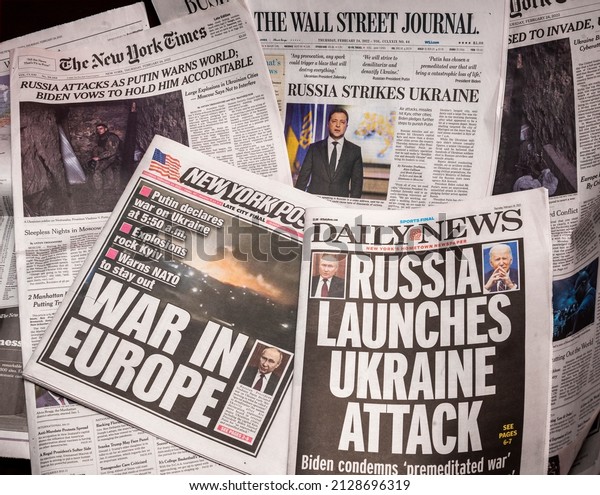 New York NY USA-February 24, 2022 New York
newspapers report on the previous nights invasion of Ukraine by
Russian military forces