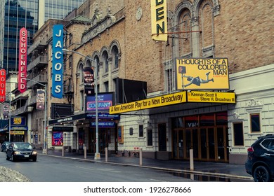 New York NY USA-February 27, 2021 Closed Broadway Theaters, Including The Golden Theatre, In New York Because Of The COVID-19 Pandemic