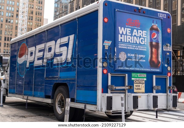 New York NY\
USA-January 18, 2022 A PepsiCo distributor advertises that they are\
looking for drivers in New\
York