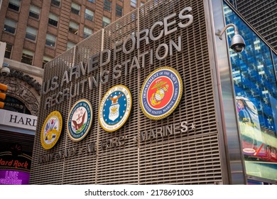 New York NY USA-July 14, 2022 Logos Of The Branches Of The All-volunteer U.S. Armed Forces On The Armed Forces Recruiting Station In Times Square