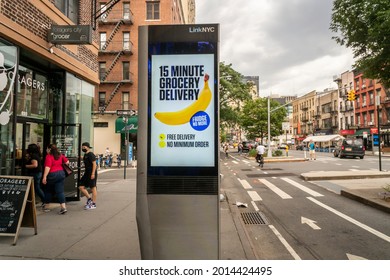 New York NY USA-July 23, 2021 Advertising for the superfast grocery delivery service Fridge No More on a LinkNYC kiosk in the Chelsea neighborhood of New York