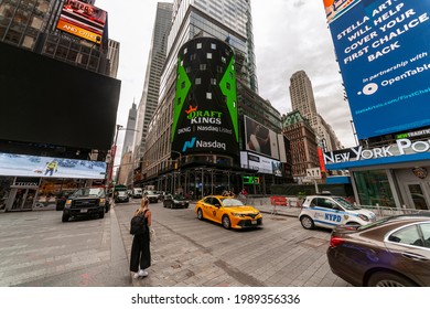 New York NY USA-June 11, 2021 The Nasdaq stock exchange is decorated for a welcoming for DraftKings, in Times Square in New York
