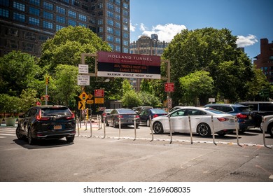 New York NY USA-June 19, 2022 Traffic Entering The Holland Tunnel From Varick Street In New York