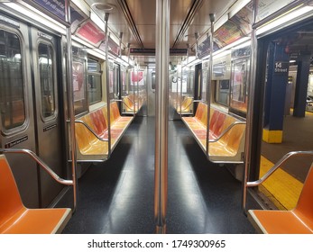 New York, NY, USA-June 2, 2020 An Empty Subway Car During The COVID-19 Pandemic 