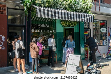 New York NY USA-March 18, 2022 Participants Wait In Line Outside The BaileyÕs Bagel Bar Brand Activation In NoLita In New York